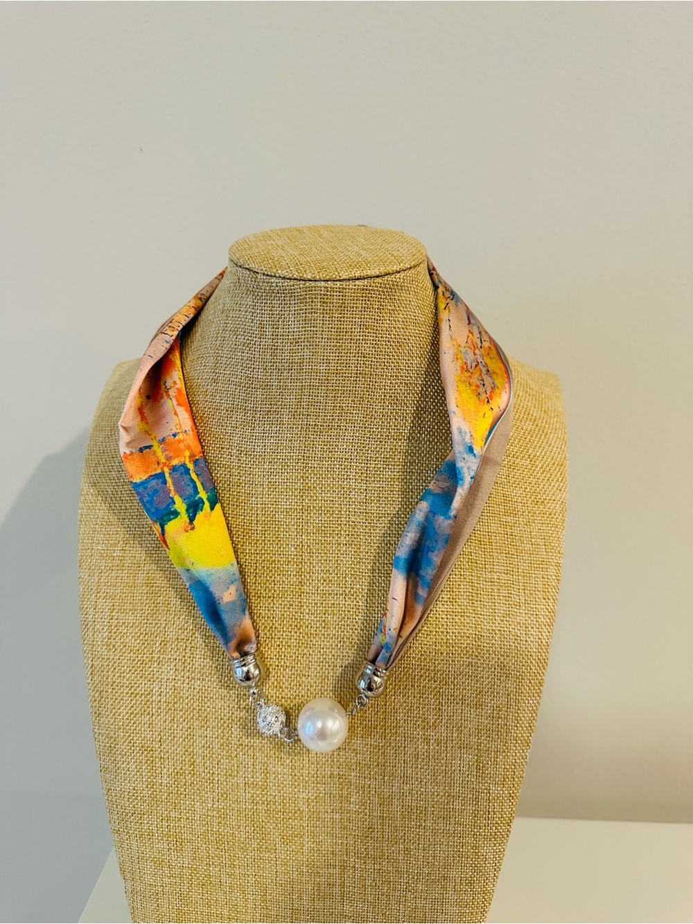 Silk Scarf Necklace with Pearl and Colorful Print